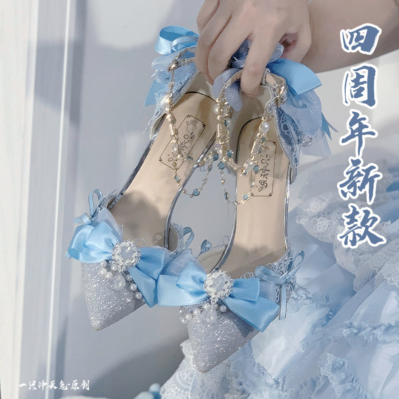 一只冲天兔人鱼泪闪闪高跟鞋蓝色Lolita原创高跟鞋图片