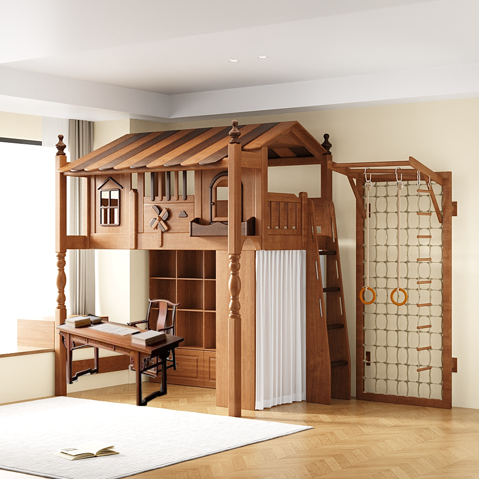 实木树屋高架床下书柜衣柜桌定制