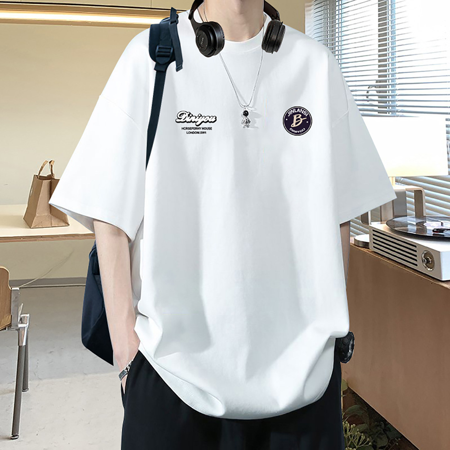重磅短袖t恤男士夏季新款纯棉宽松青少年白色男装圆领半袖上衣服