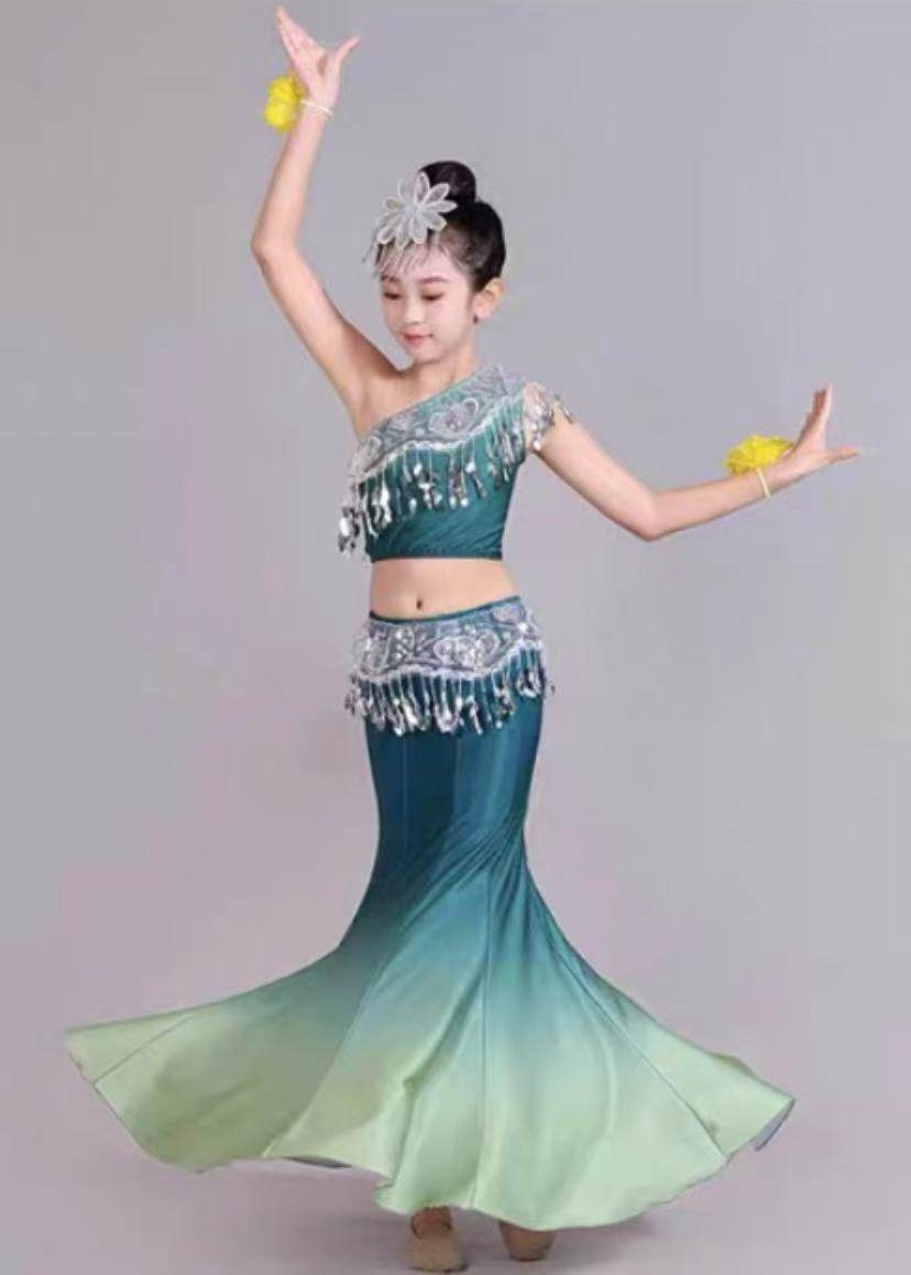 竹林深处舞蹈服雨竹林儿童傣族舞表演出服民族舞孔雀舞鱼尾渐变裙