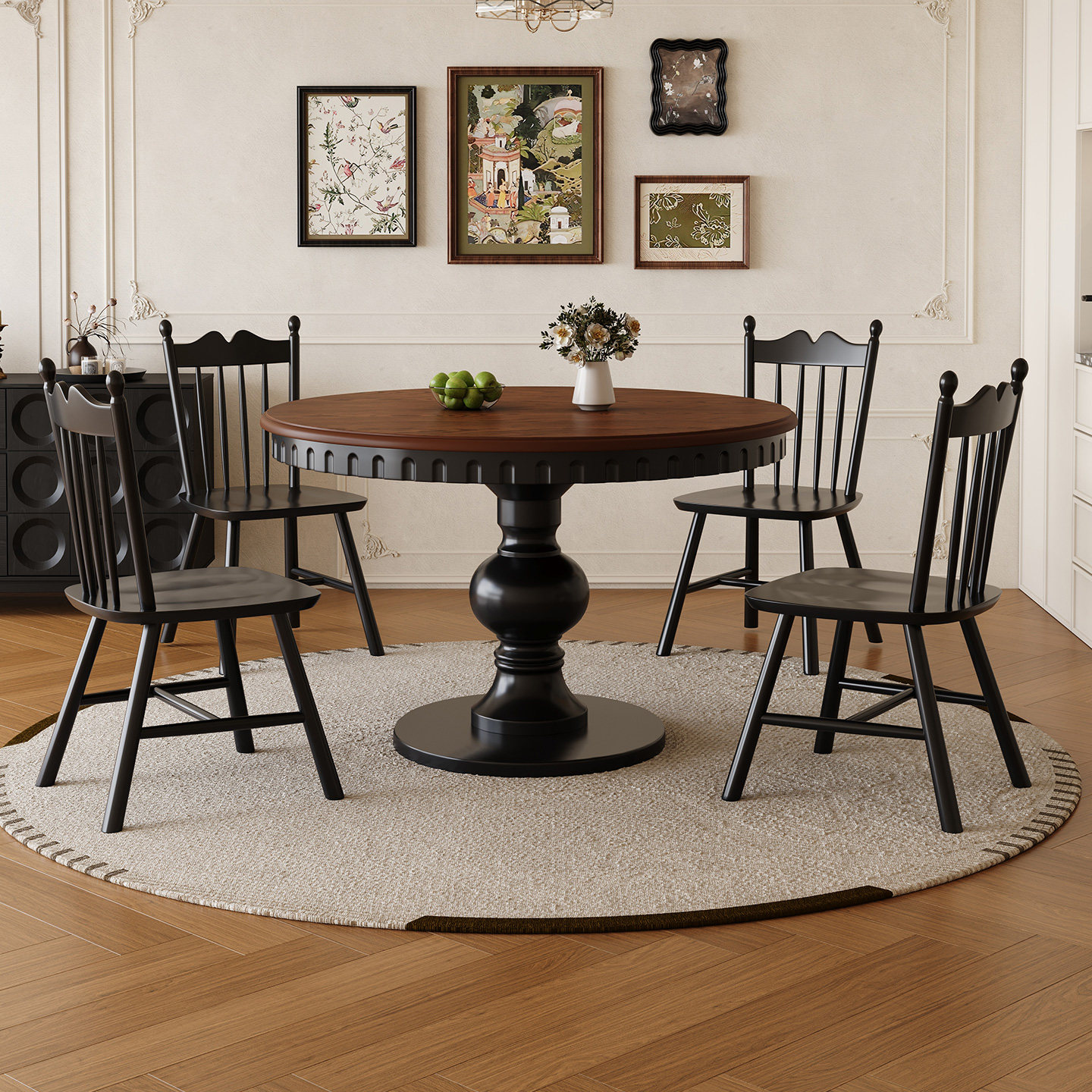 美式圆餐桌中古风实木餐桌椅组合家用小户型法式复古风圆形吃饭桌