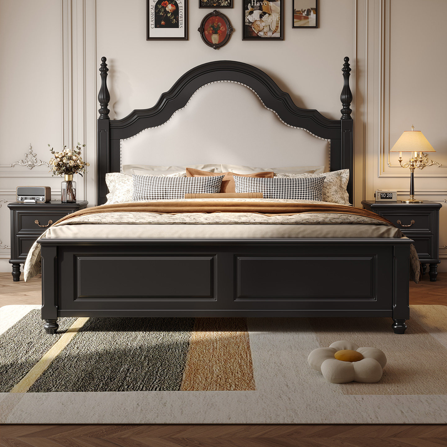 美式实木床轻奢复古黑色床1.5米1.8米真皮软包双人床主卧室结婚床