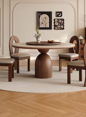 2025新款洞石岩板实木餐桌圆形家用餐厅高级感中复古风圆桌带转盘