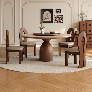 2026新款洞石岩板实木餐桌圆形家用餐厅高级感中复古风圆桌带转盘