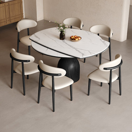 复古风可伸缩圆形餐桌椅组合法式中古实木岩板折叠餐桌变圆桌家用