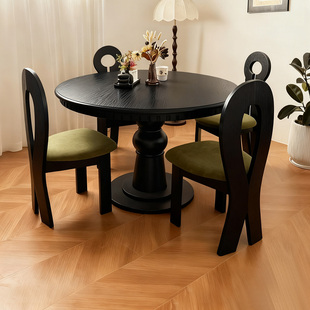 黑色复古风法式实木餐桌小户型1.2米美式圆桌中古风家用吃饭桌子