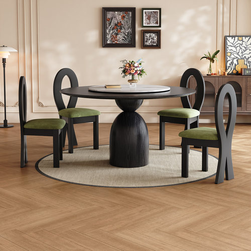 复古风白蜡木纹实木圆桌带转盘