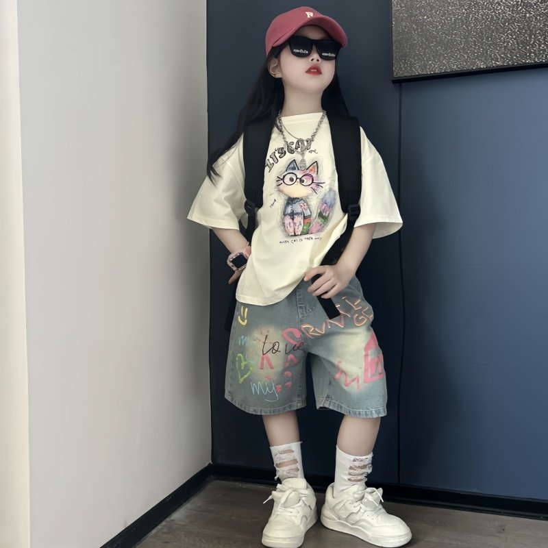 儿童夏季休闲潮酷涂鸦字母牛仔半裤五分裤洋气时髦短袖T恤两件套