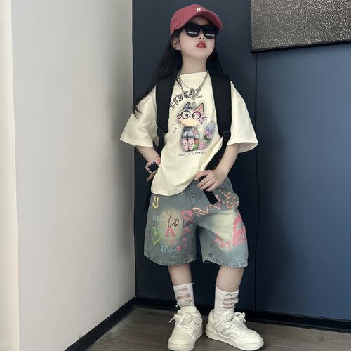 儿童夏季休闲潮酷涂鸦字母牛仔中裤中大童洋气时髦短袖T恤两件套