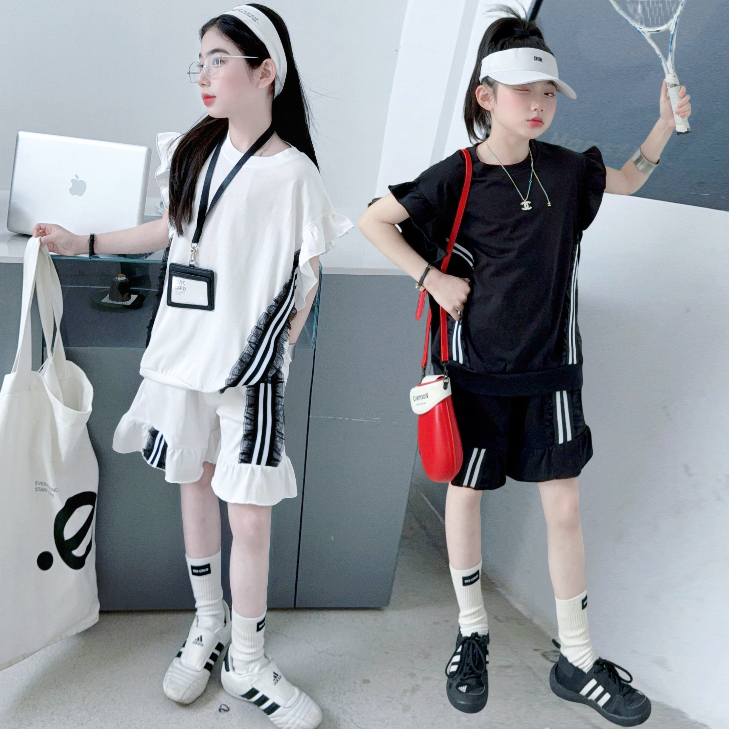 2026夏季新款荷叶边短袖T恤女童设计感条纹拼接短裤上衣两件套潮图片