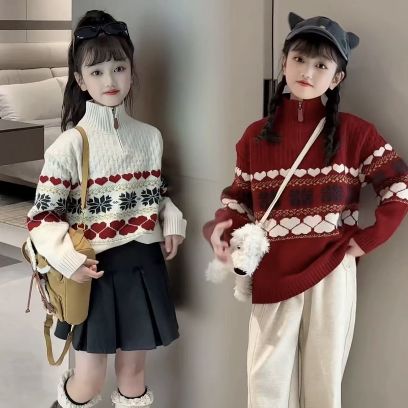 女童半拉链爱心毛衣秋冬2024新款氛围感中大童新年加厚爆款针织衫