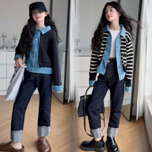 上衣 洋气翻领针织开衫 韩系设计感假两件拼接牛仔衬衫 女童春秋新款