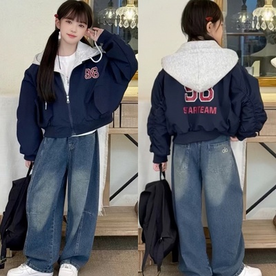 美式夹棉假两件棒球服外套女童秋冬新款洋气儿童加厚卫衣拼接棉服