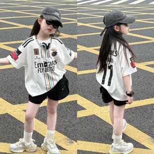 新款 夏季 时尚 中大童工装 两件套潮 甜酷女童机车风短袖 短裤 T恤套装