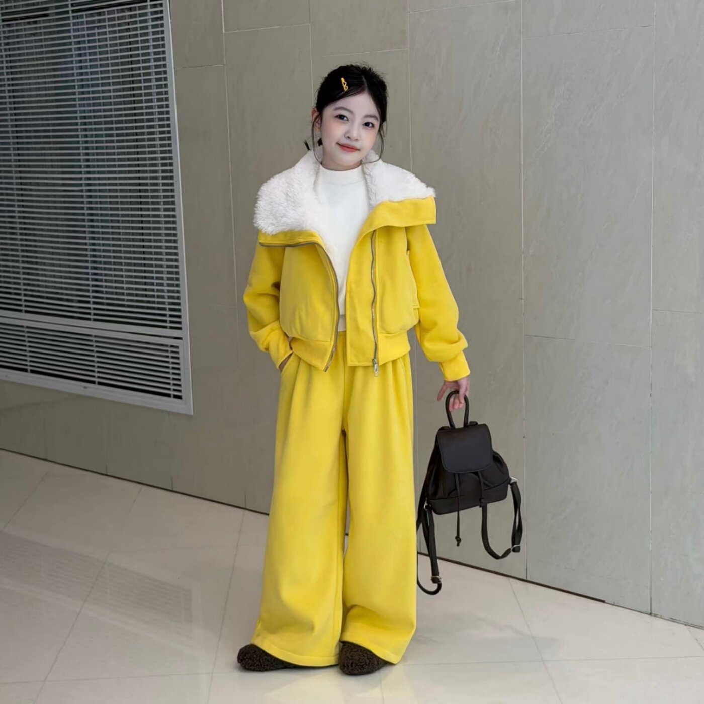 韩版女童大翻领双色加厚绒卫衣套装秋冬洋气初中生阔腿裤两件套潮