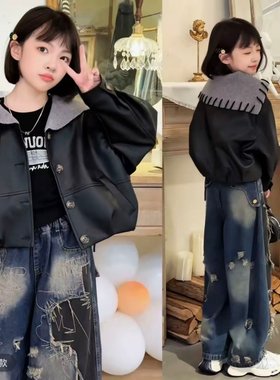 女童毛线领短款皮衣外套春秋新款洋气中大童百搭机车PU夹克上衣潮
