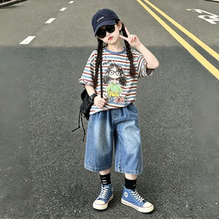 夏季女童花边袖条纹卡通T恤洋气小女孩百搭薄款牛仔中裤两件套潮