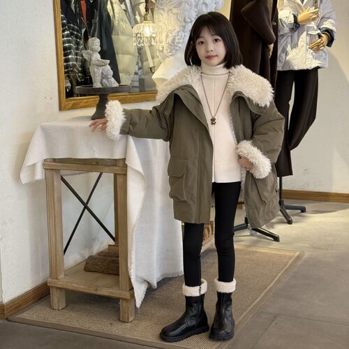 羊羔毛加厚保暖工装棉衣女童冬季新款大翻领宽松加厚派克棉服外套