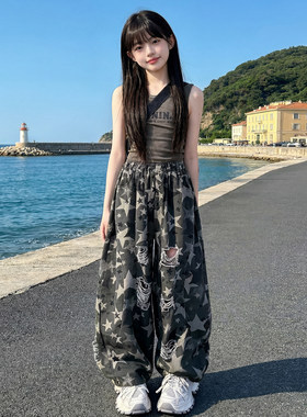 甜酷女童夏季洋气凉感背心爵士舞网红薄款破洞迷彩阔腿裤两件套潮