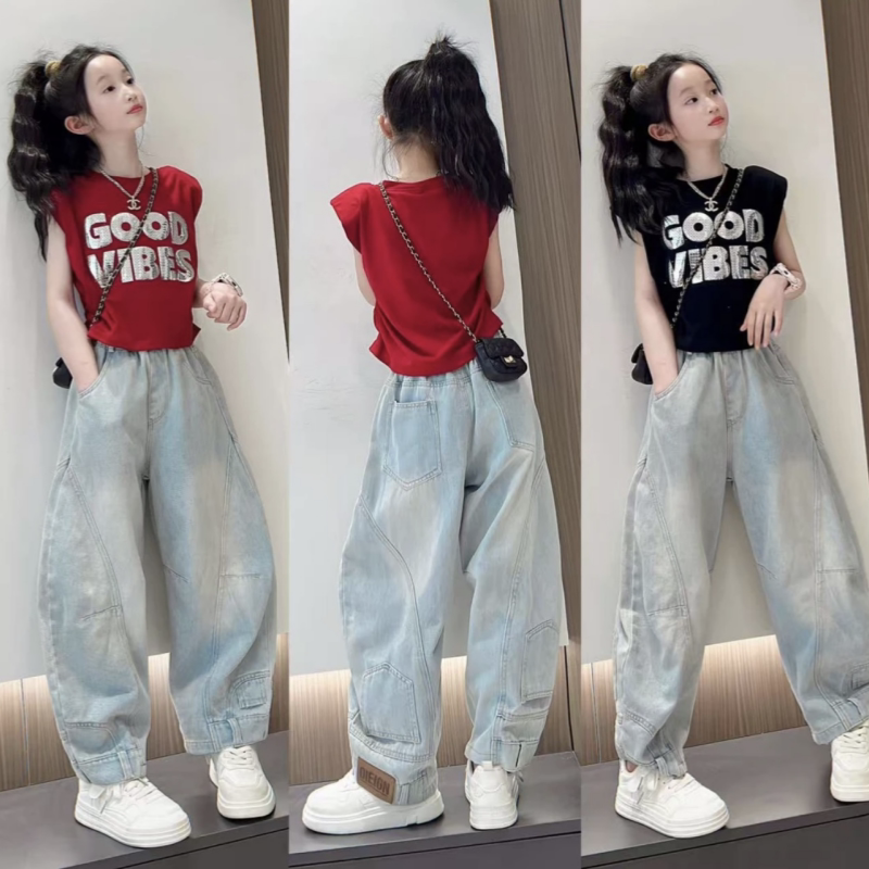 女童时尚字母亮片短袖T恤夏季新款辣妹韩版中大童牛仔弯刀裤套装图片