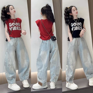 女童时尚字母亮片短袖T恤夏季新款辣妹韩版中大童牛仔弯刀裤套装