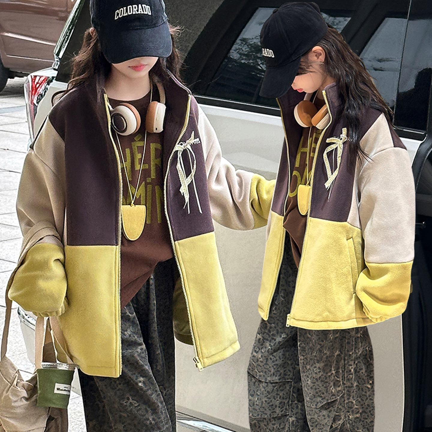 女童加厚外套秋冬大童撞色韩系摇粒绒夹克初中生拼接宽松厚款上衣