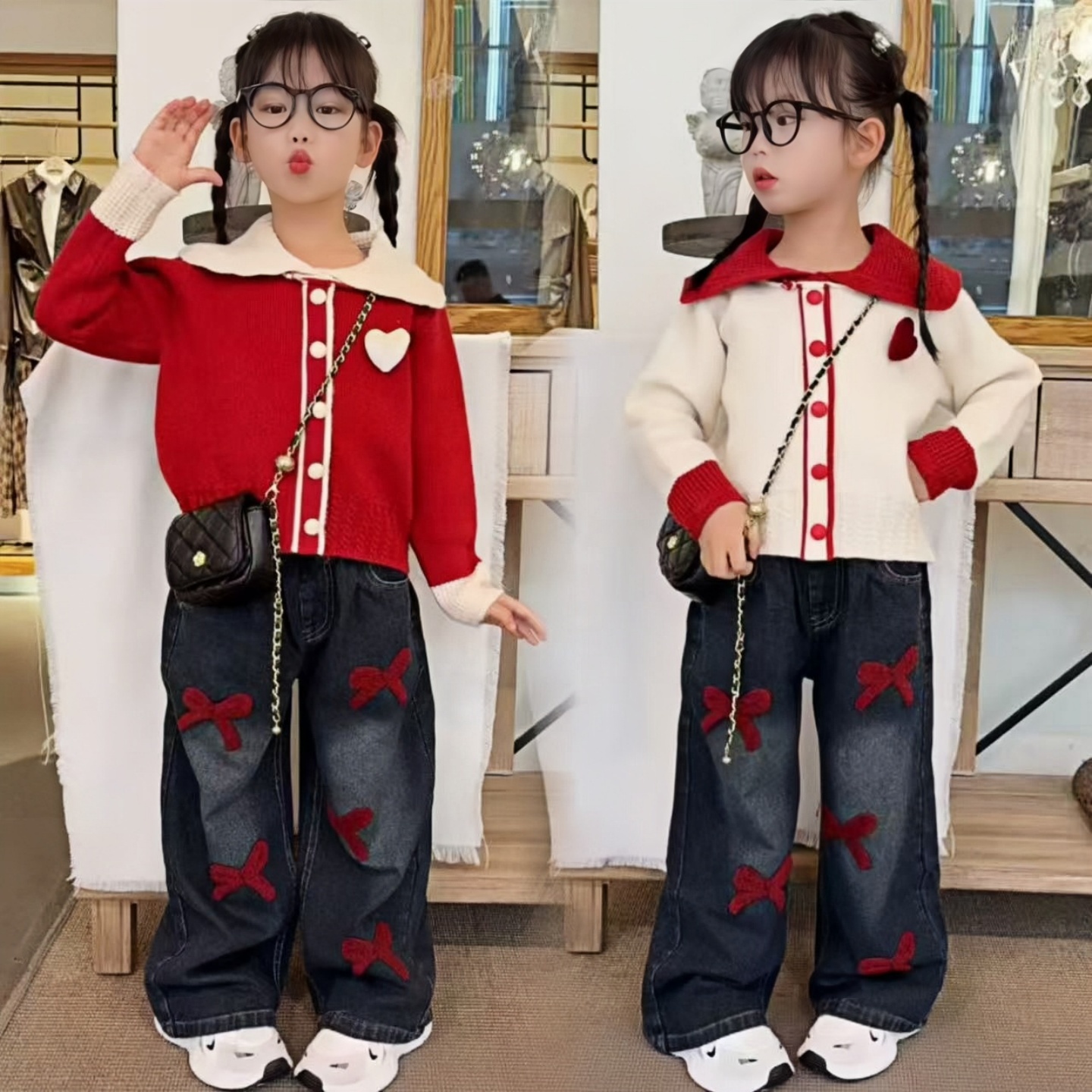 韩系女童爱心拼色毛衣套装秋冬2025新款洋气儿童蝴蝶结加绒牛仔裤