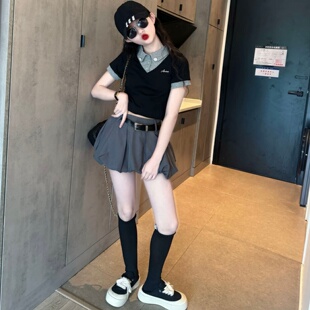 美式黑色假两件Polo衫短袖t恤女童夏季修身上衣花苞裙裤两件套潮