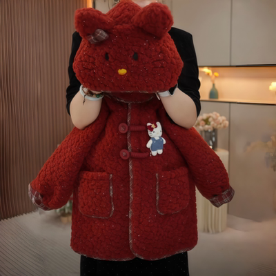 女童新年红加绒毛毛衣大衣冬季新款洋气卡通中长款加厚羊羔毛外套