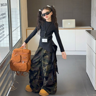 小众飘带韩版不规则上衣女童2025春秋新款超好看迷彩工装裤两件套