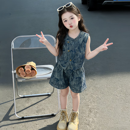 酷飒拽姐印花牛仔套装女童2026夏季新款洋气无袖马甲短裤两件套潮