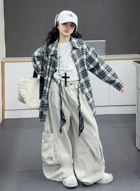 美式潮酷格子衬衫外套女童2025中大童时髦双口袋阔腿工装裤两件套