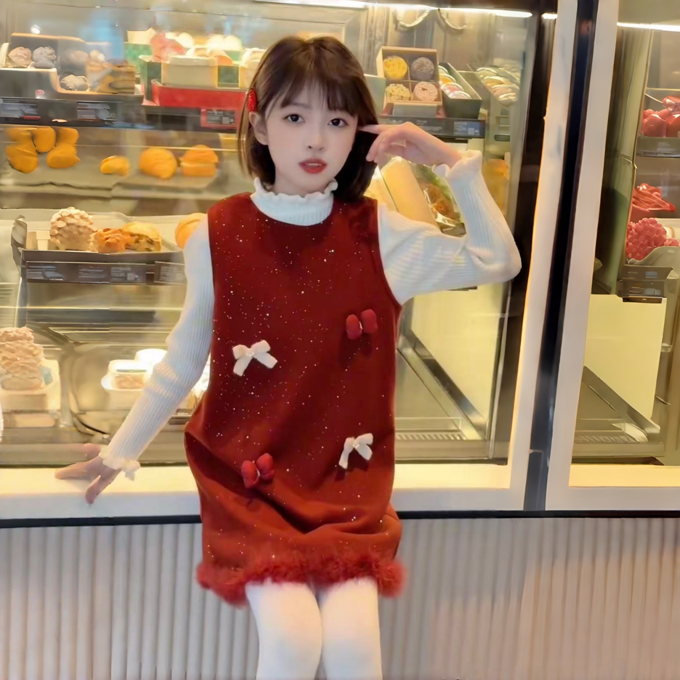 新年女童拜年服秋冬2026新款儿童本命年红色撒银毛呢背心裙两件套