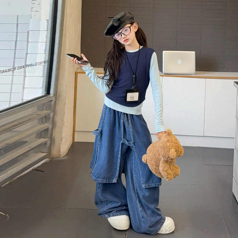 韩系穿搭女童春秋2025新款洋气露背背心长袖打底衫屁帘牛仔裤套装,童装/婴儿装/亲子装,套装,淘宝优惠券,粉丝福利购,淘宝优惠卷