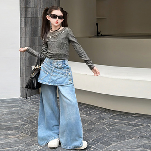叠穿裙帘牛仔裤女童潮酷复古两穿上衣时髦拼接设计感阔腿裤两件套