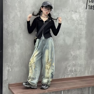 女童春秋新款韩范休闲连帽拉链上衣复古双耳朵牛仔弯刀裤两件套潮