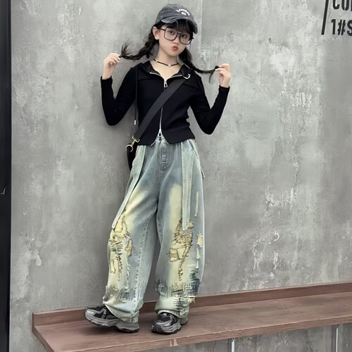 女童春秋新款韩范休闲连帽拉链上衣复古双耳朵牛仔弯刀裤两件套潮