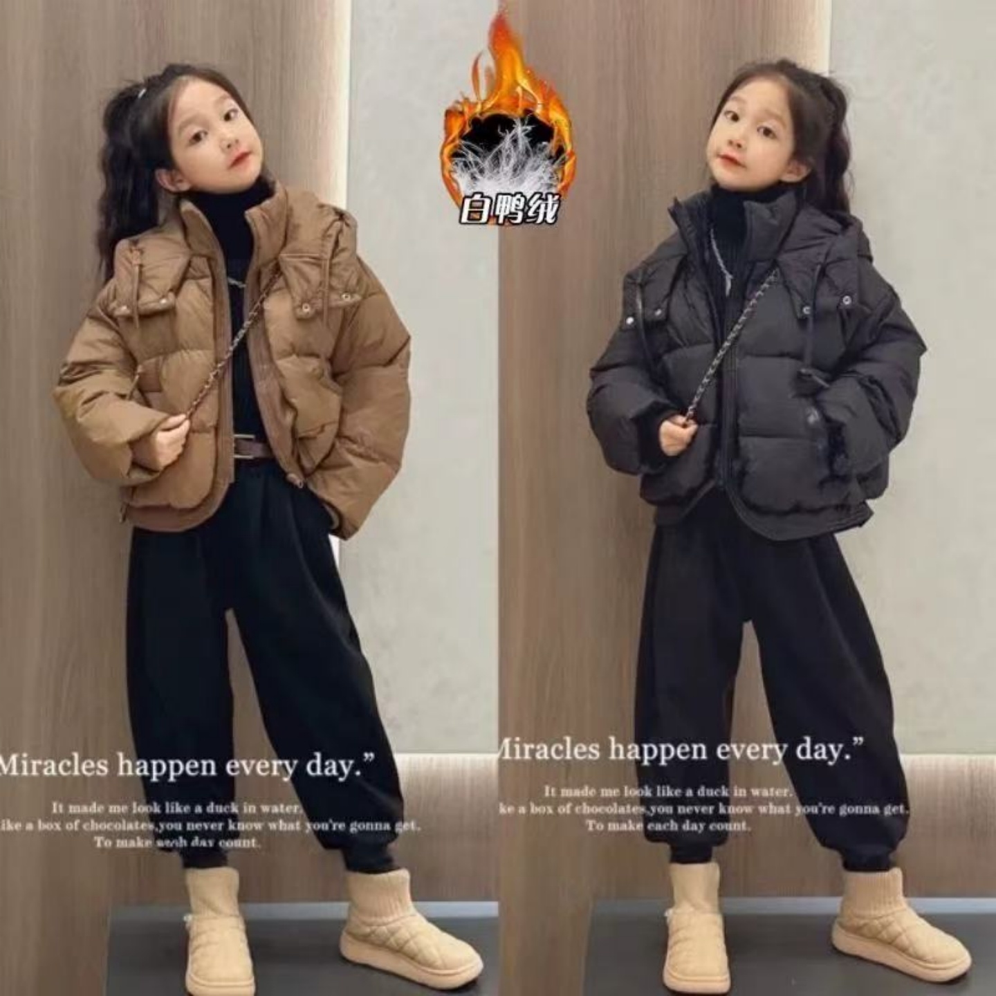 设计感超好看白鸭绒羽绒服外套女童冬季新款加厚短款假两件面包服