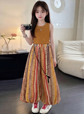 女童夏季多巴胺彩色条纹灯笼裤中大童薄款休闲花苞裤背心两件套潮