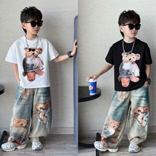 T恤牛仔弯刀裤 男童2026夏季 休闲卡通小熊印花短袖 韩版 两件套 新款