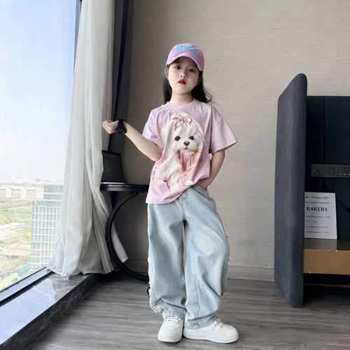女童夏季潮酷穿搭洋气中大童卡通印花短袖T恤破洞弯刀牛仔裤套装
