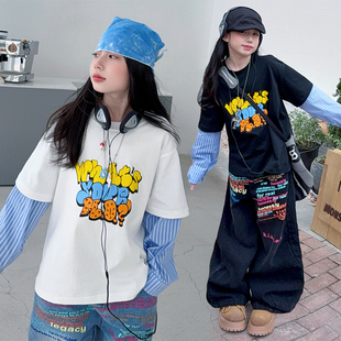 宋雨琦同款假二件上衣街舞嘻哈hiphop打歌服演出服宽松T恤女童潮