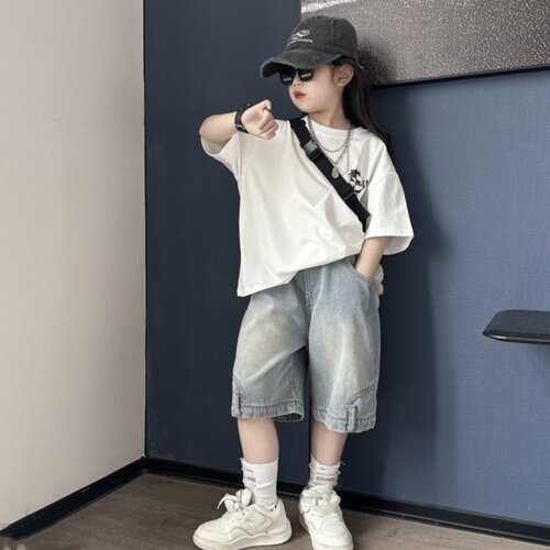 儿童夏季潮酷个性牛仔五分裤中大童男女童时髦哪吒短袖T恤两件套