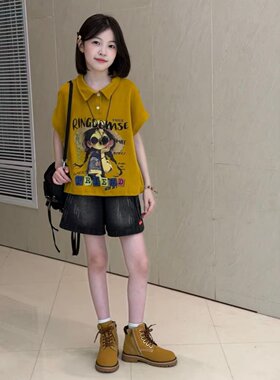 欧货个性女孩短袖黑色牛仔短裤套装女童夏季新款印花翻领T恤短裤