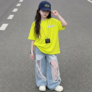 韩系荧光绿短袖T恤套装女童夏季新款潮酷儿童蕾丝破洞牛仔阔腿裤