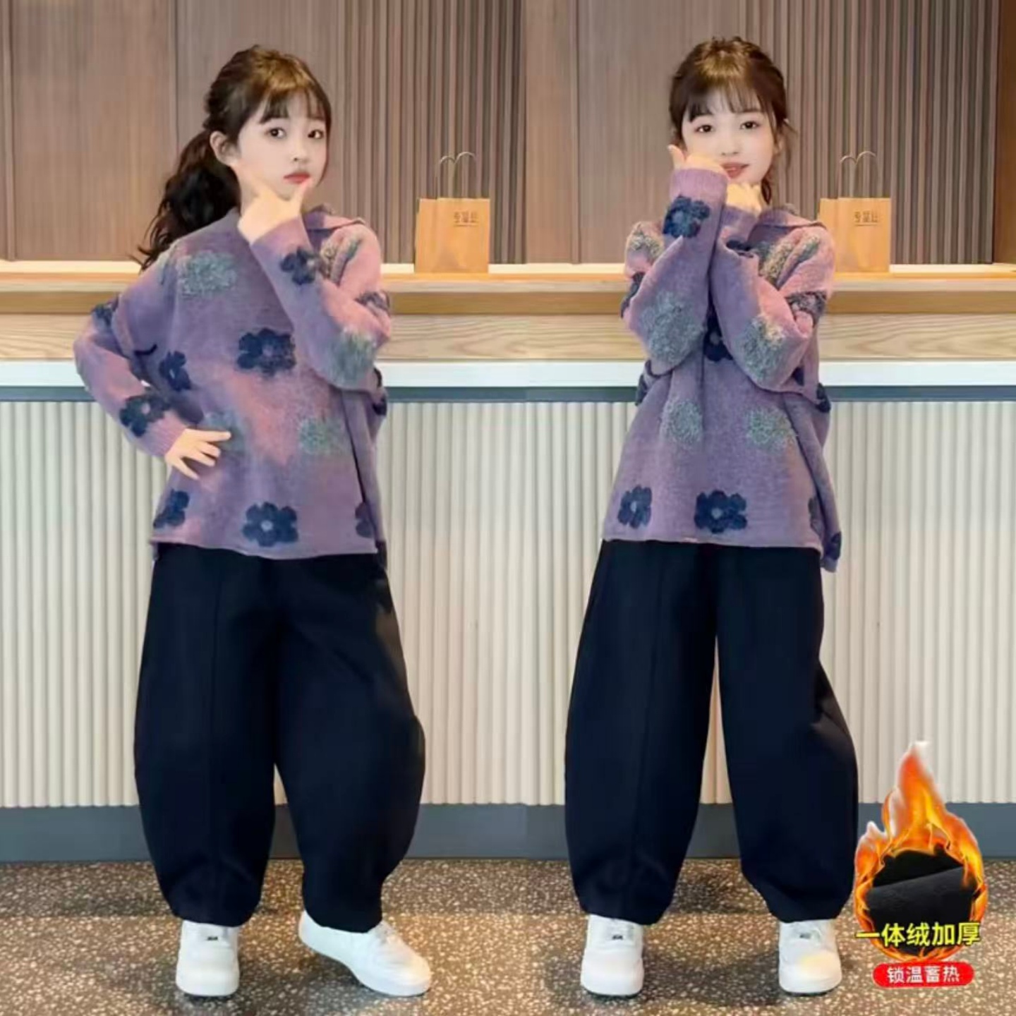 女童秋冬新款洋气绣花连帽针织衫上衣韩系宽松加绒弯刀裤两件套潮