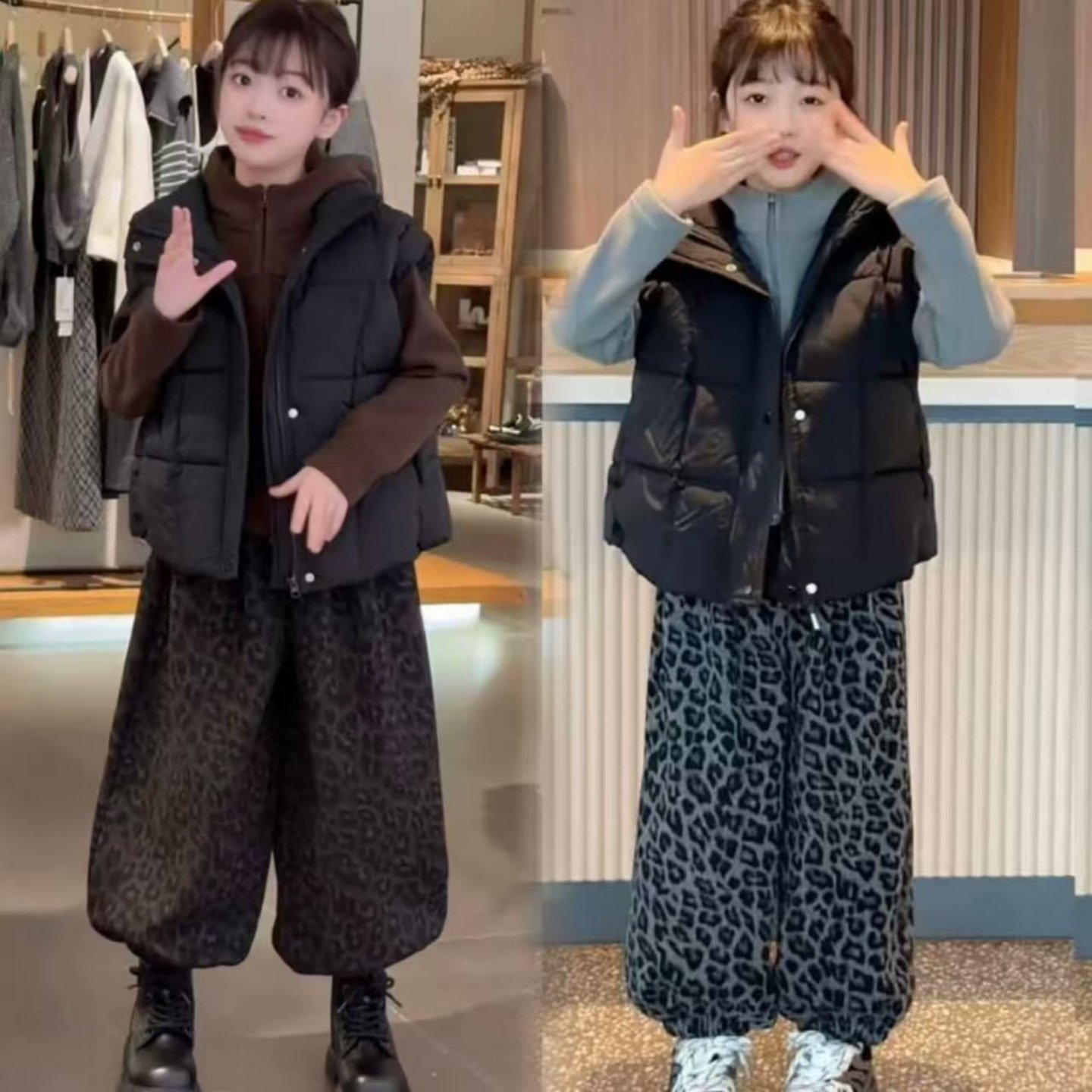 女童秋冬新款时尚黑色棉马甲加绒休闲帽衫时尚加厚豹纹裤三件套潮图片