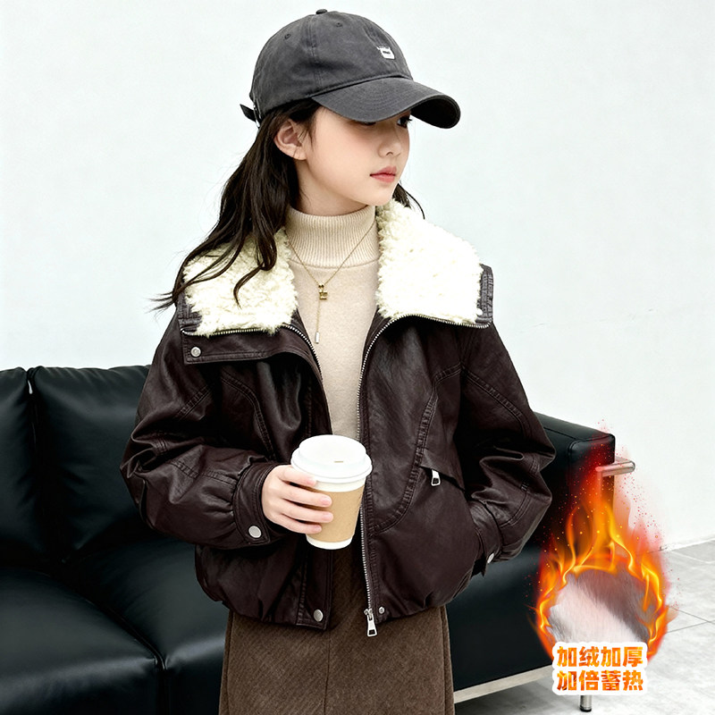 大翻领加绒皮衣短外套女童秋冬新款保暖时尚酷飒机车PU皮兔毛夹克,童装/婴儿装/亲子装,夹克/皮衣,淘宝优惠券,粉丝福利购,淘宝优惠卷