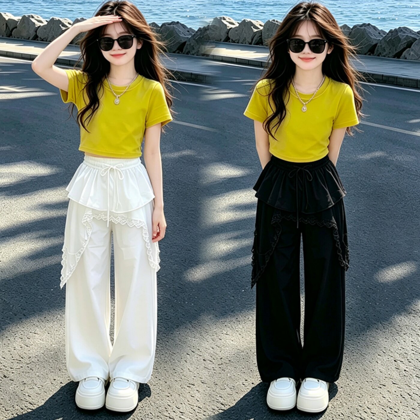 女童飘带蕾丝花边屁帘长裤夏季新款韩系小女孩冰丝短袖T恤两件套图片