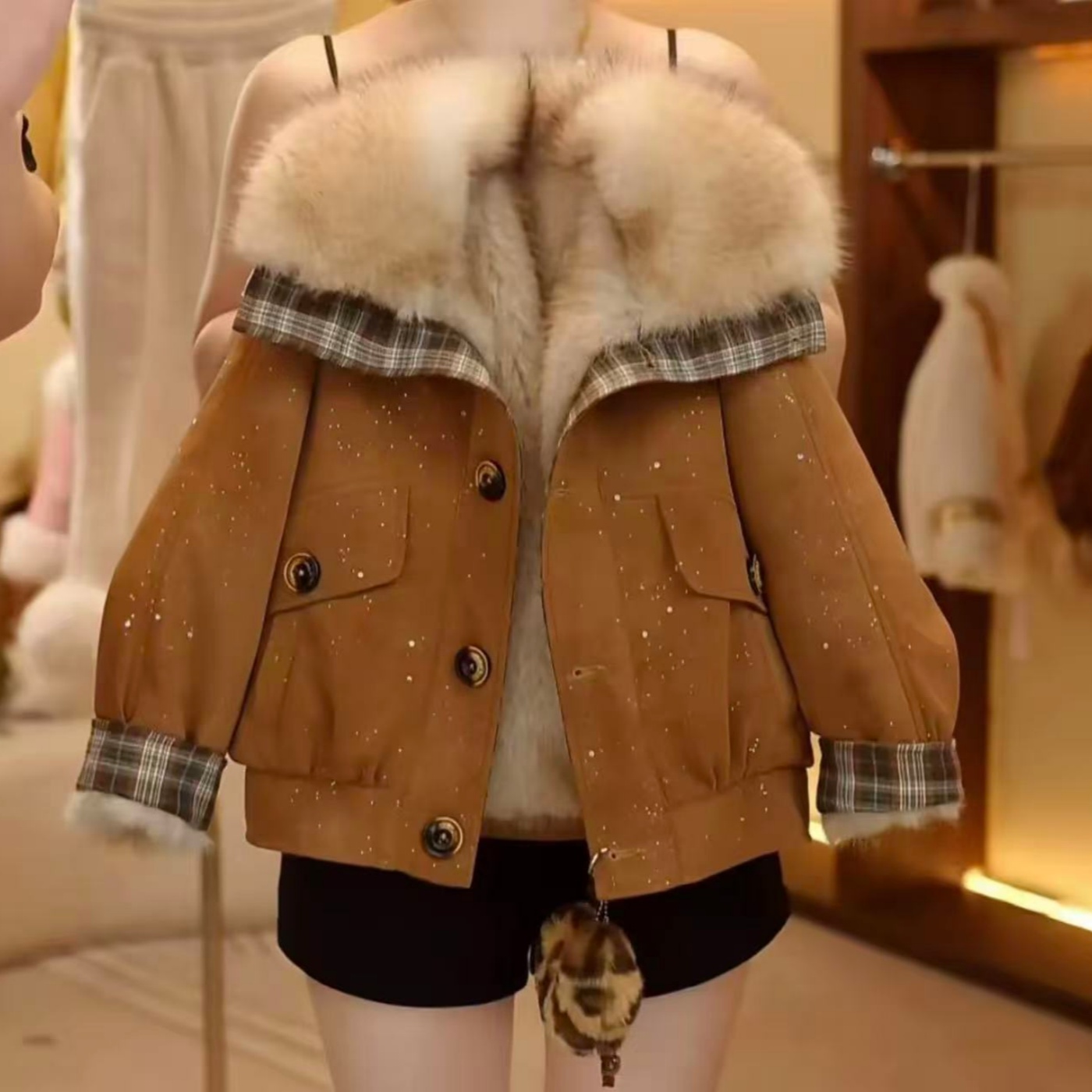 女童撒银翻领派克服外套秋冬新款洋气韩版加厚仿皮草格子拼接棉服